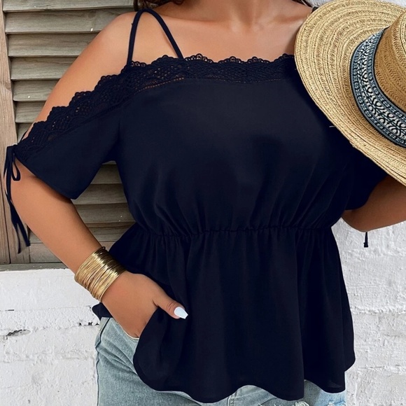 BellanBlue Tops - Plus Cold Shoulder Lace Blouse Navy Blue